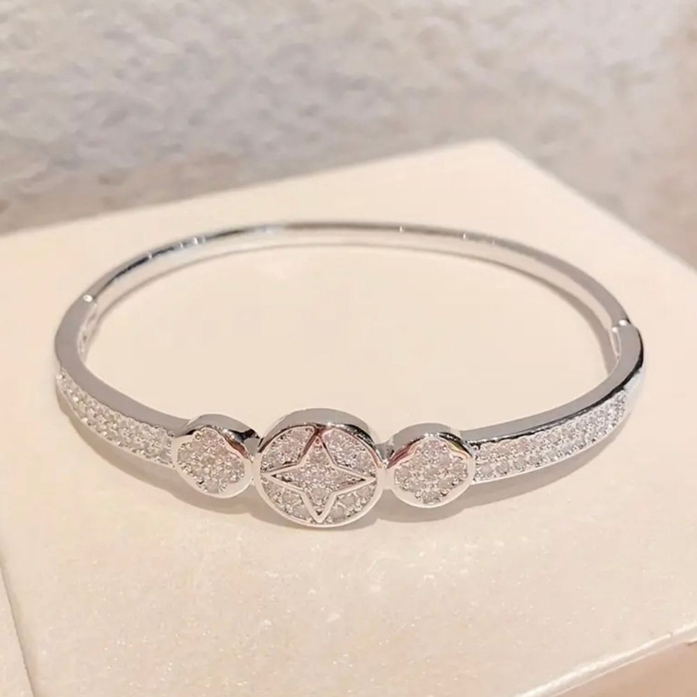 Silver Diamond Clover Bangle Bracelet